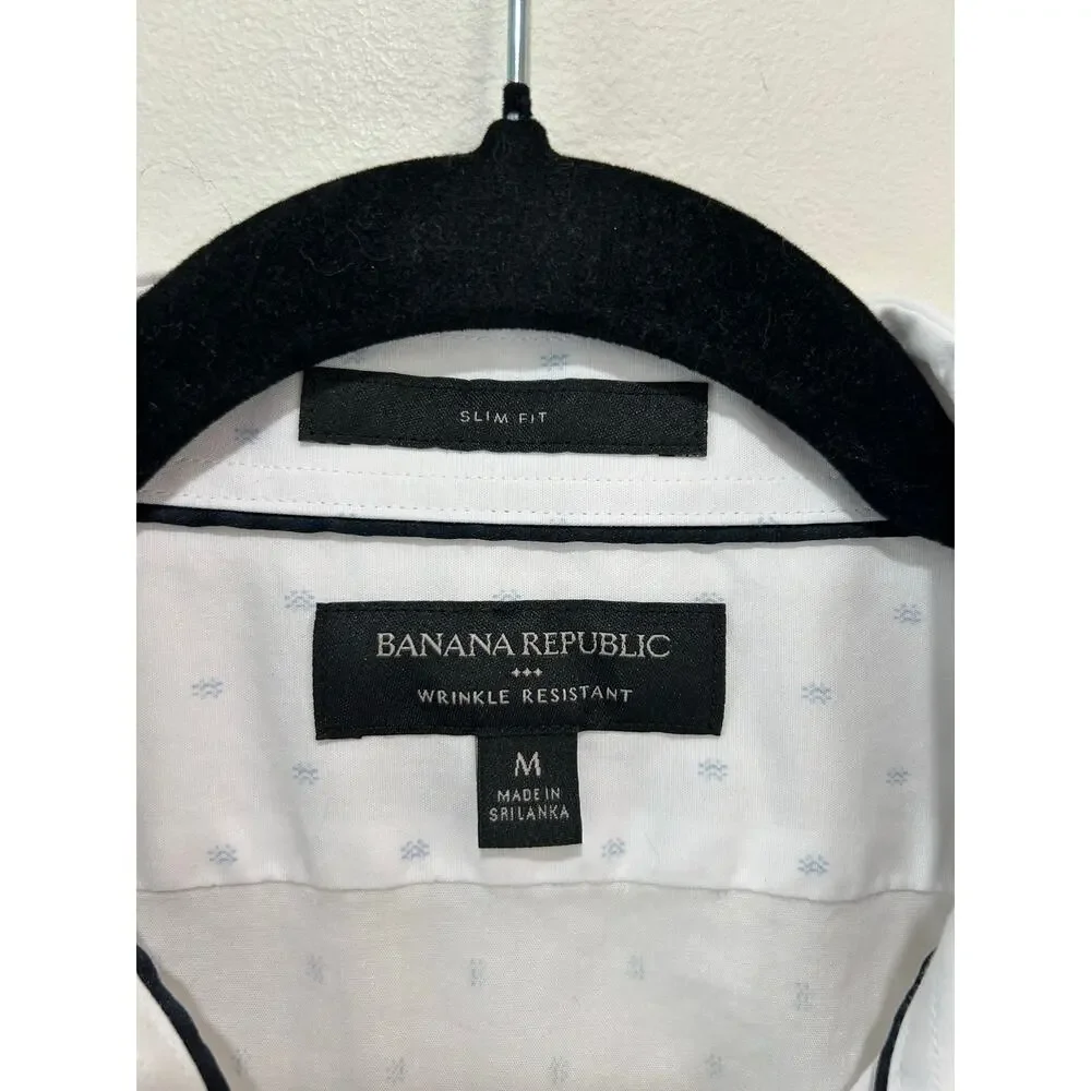 Banana Republic slim fit button down mens M white blue print preppy office